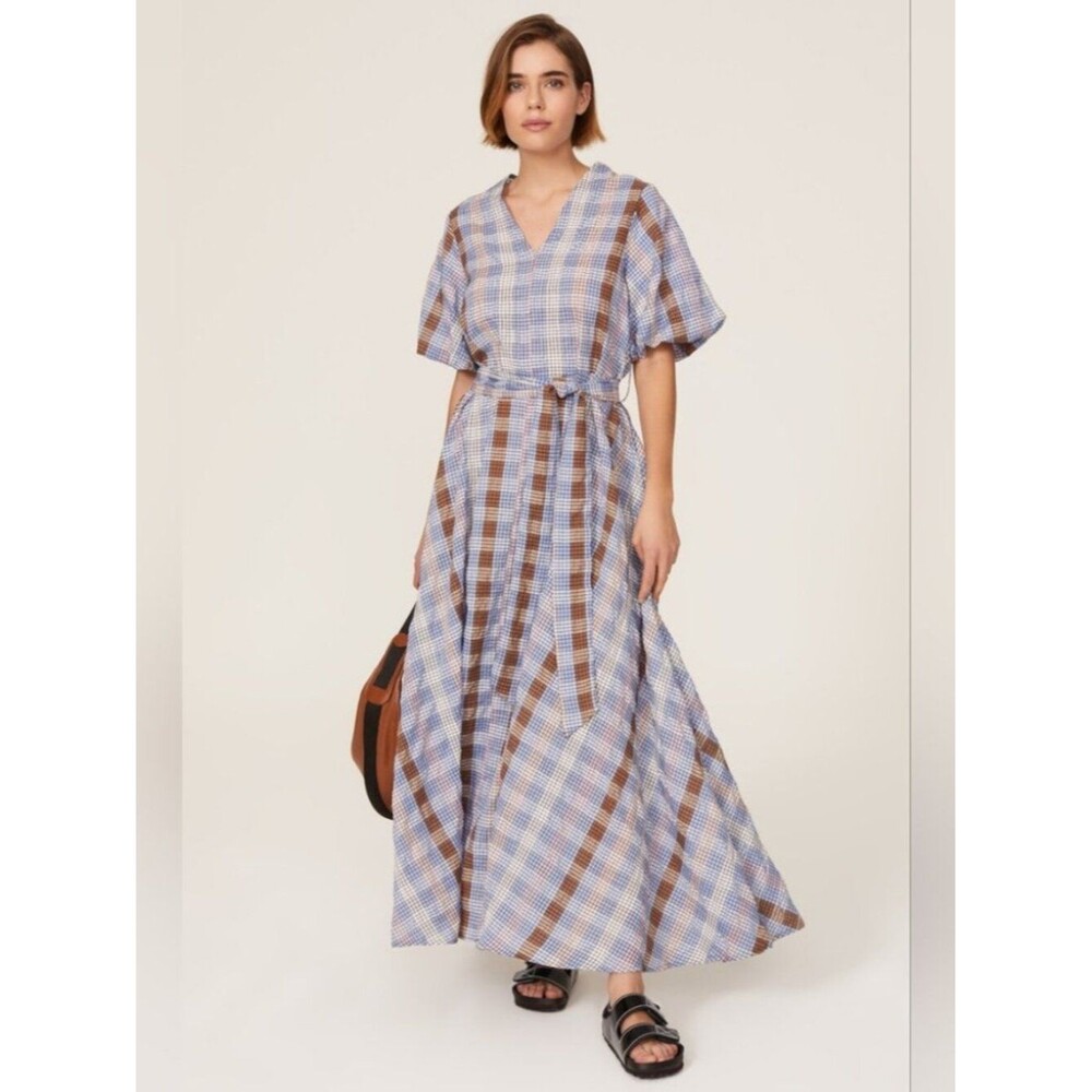 MUNTHE The Vencer Maxi Dress - Flowy Plaid Blue Ivory Balloon Sleeves Sz 6-8 MED